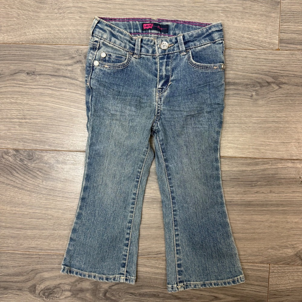 Levi's 24M Y2K Glitter Flare Jeans Pink Stitch‎ Toddler Denim Pants Ramie Blend